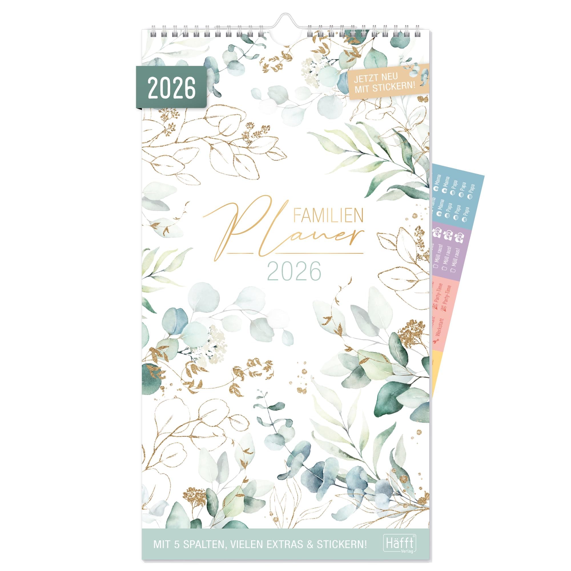 Häfft® Familienplaner 2026 mit 5 Spalten "Blattgold" 22,5 x 41,2 cm, Wandkalender 2026 mit Sticker, Familienkalender Wandplaner: Ferientermine & viele Zusatzinfos - nachhaltig & klimafreundlich