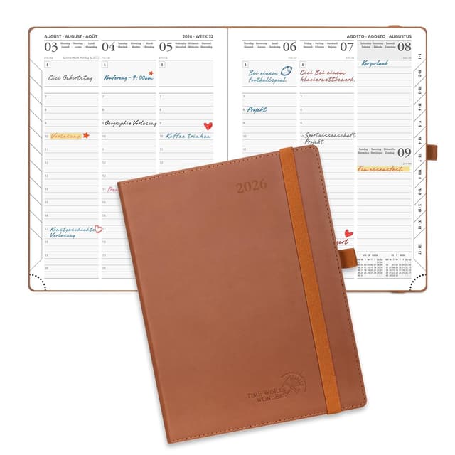 POPRUN Kalender 2026 Wochenplaner 22 x 16,5 cm, 12-Monate-Terminplaner (Jan.2026-Dez.2026), Buchkalender 1 Woche 2 Seite Softcover mit PU-Leder - Braun Braun Medium-22 x 16,5 cm