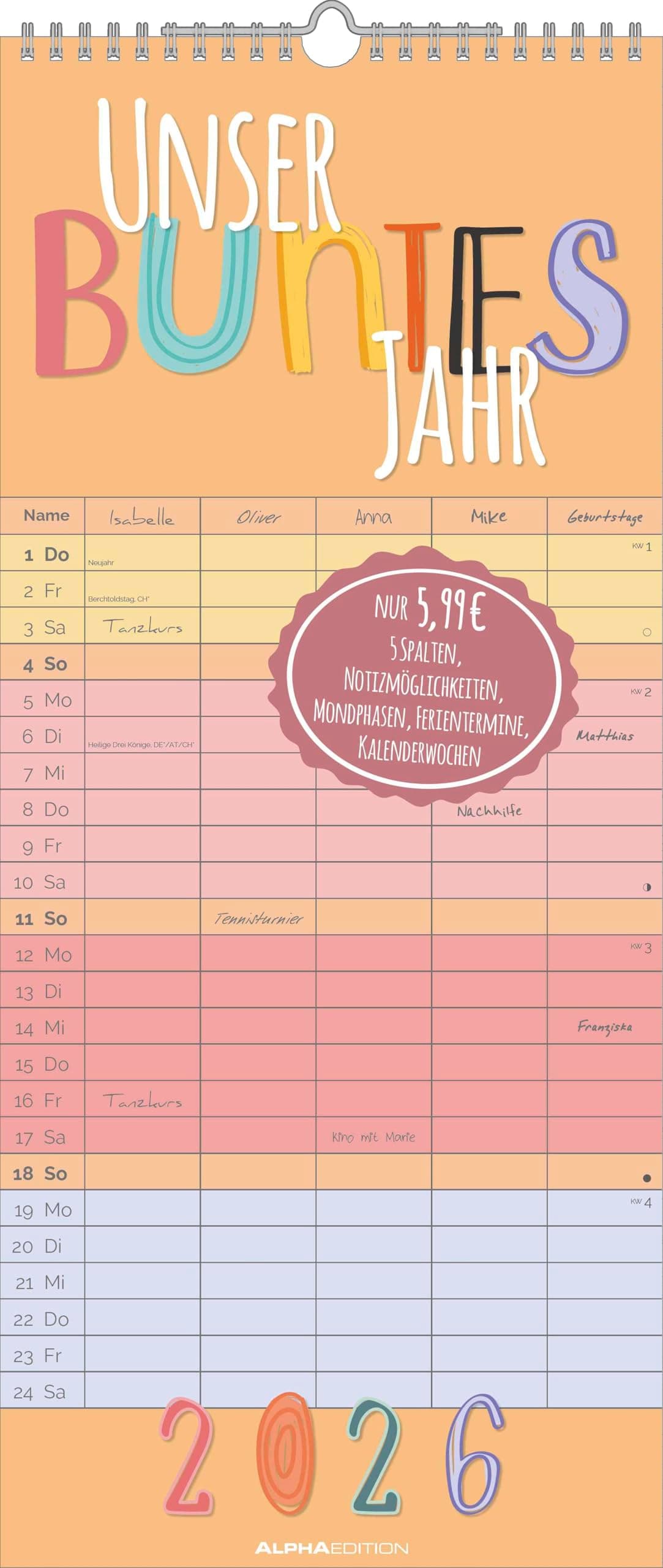 Unser buntes Jahr 2026 Familienplaner - Terminkalender - Familienkalender - 19,5x45 Angebot bei HelloDeals