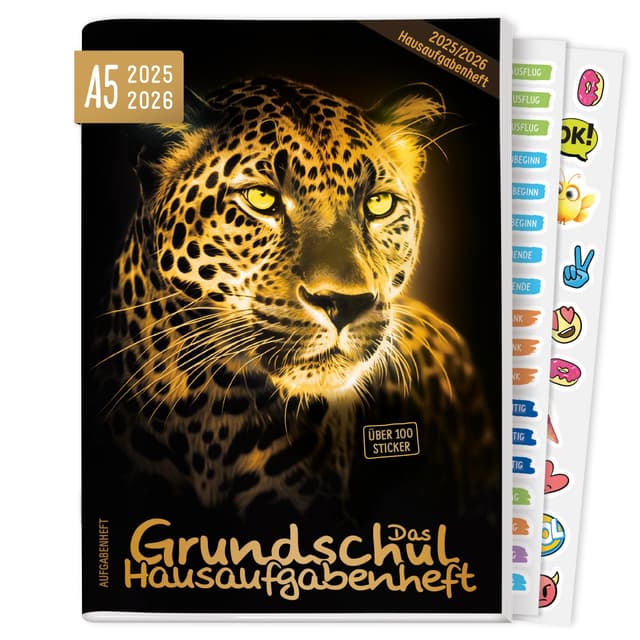 Häfft® Hausaufgabenheft Grundschule 2025/2026 A5 "Leopard" Das Grundschul-Hausaufgabenheft inkl. Lerntipps, Sticker, Denkspiele - nachhaltig & klimafreundlich