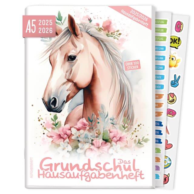 Häfft® Hausaufgabenheft Grundschule 2025/2026 A5 "Pferd" Das Grundschul-Hausaufgabenheft inkl. Lerntipps, Sticker, Denkspiele - nachhaltig & klimafreundlich