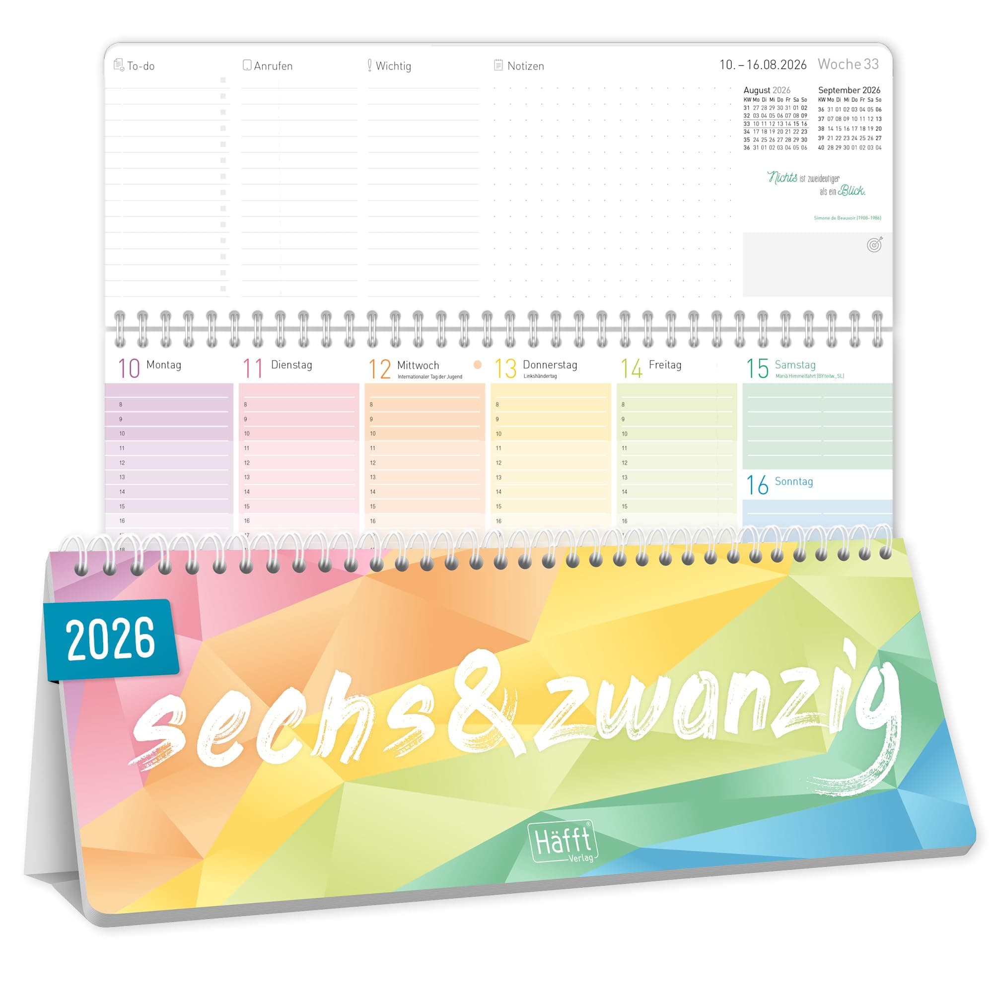 Häfft® Wochen-Tischkalender 2026 quer mit Aufsteller "Rainbow" 1 Woche 2 Seiten, Schreibtisch-Kalender mit Sprüchen, Wochenkalender 29,7 x 11,6 cm - nachhaltig & klimafreundlich