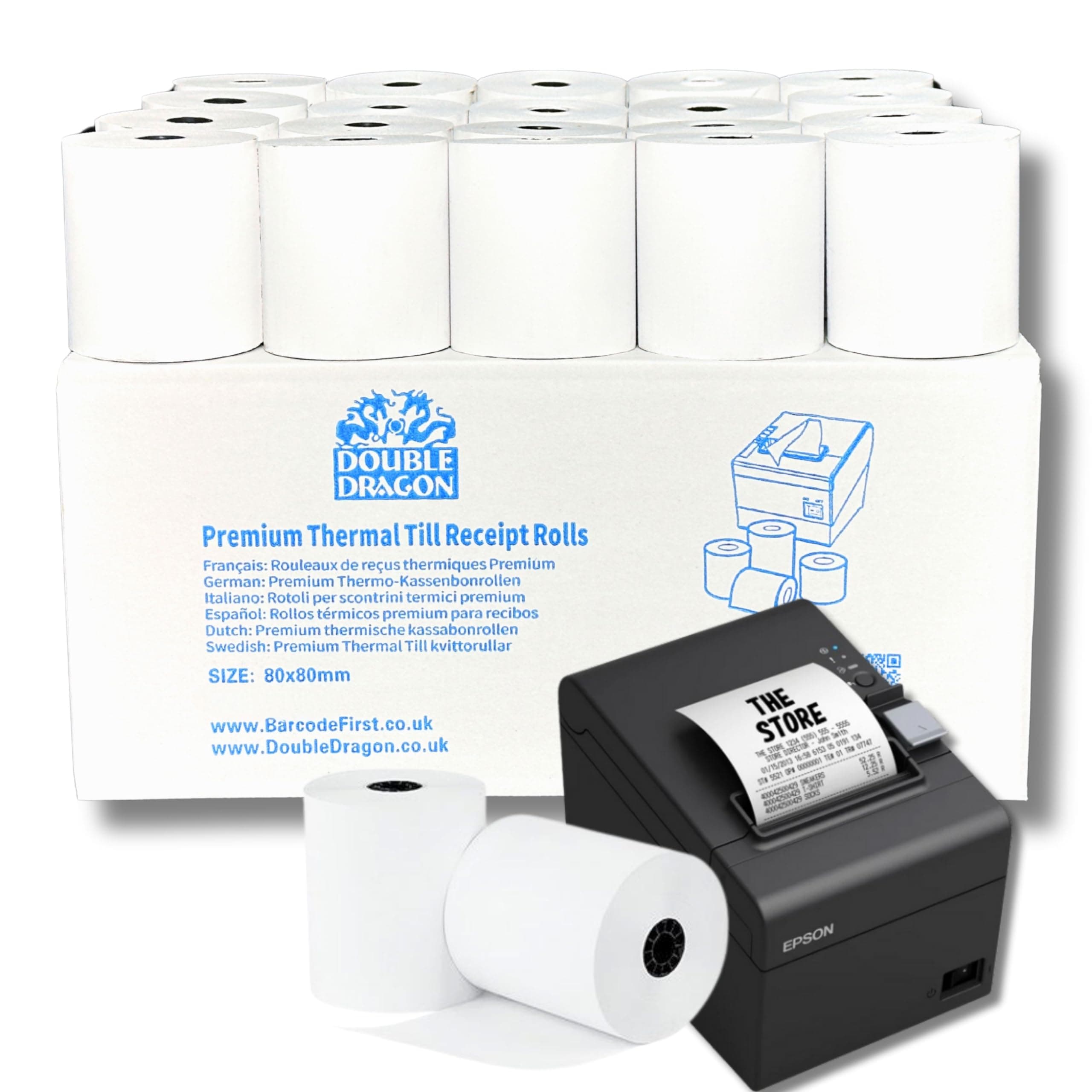 Double Dragon, 80 x 80 mm Premium Thermopapier Kassenrollen für EPOS-Drucker, POS-Terminal, Kassensystem [Packung mit 20] 20 x Rollen Angebot bei HelloDeals