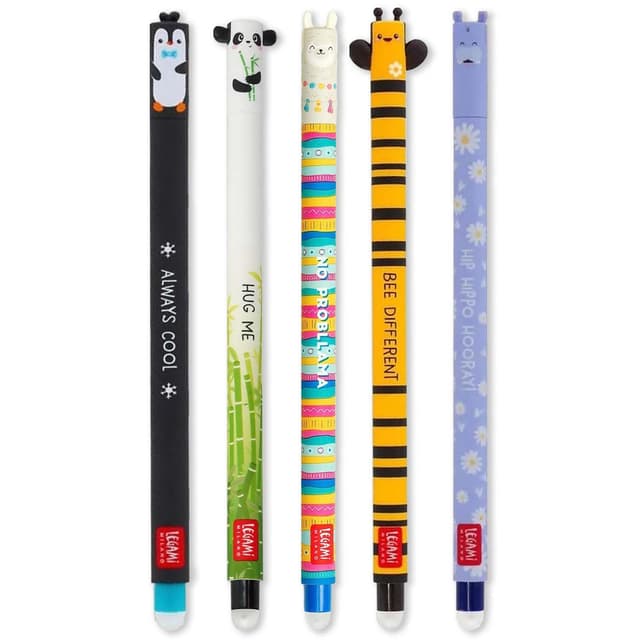Legami – Set aus 5 radierbaren Gelstiften mit wärmeempfindlicher Tinte, einer Auswahl an Tintfarben und Designs, 0,7 mm Spitze, mit den Motiven Pinguin, Panda, Lama, Biene und Nilpferd 5er Set