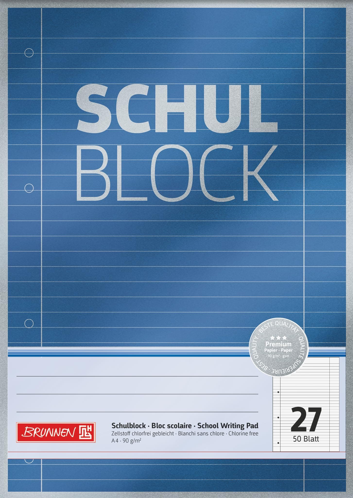 BRUNNEN Schulblock Premium | A4, Lineatur 27, 50 Blatt, blau blau liniert mit Randlinien innen und außen (Lineatur 27) Single