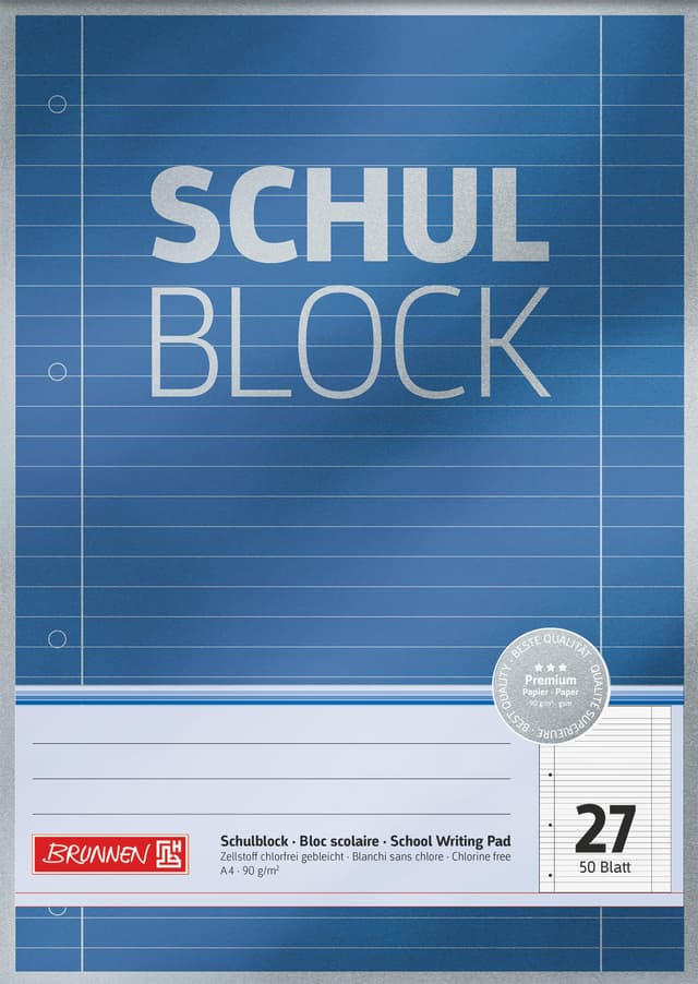 BRUNNEN Schulblock Premium | A4, Lineatur 27, 50 Blatt, blau blau liniert mit Randlinien innen und außen (Lineatur 27) Single