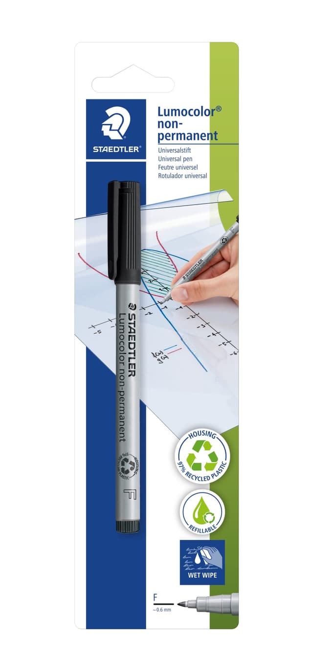 STAEDTLER Folienstift Lumocolor, non-permanent, wasserlöslich, F-Spitze mit Linienbreite ca. 0.6 mm, hohe Qualität, Made in Germany, 1 schwarzer Folienstift auf Blisterkarte, 316-9 BKDA non-permanent Schwarz 1 stück (1er Pack)