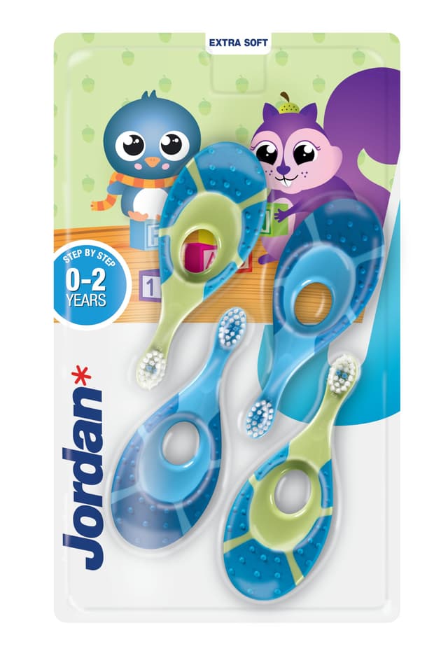 Jordan ® | Step 1 Baby Zahnbürste | Baby Zahnbürste 0-2 Jahre | Die Original Kleinkindzahnbürste mit extra weichen Borsten und weichem Beißring für Babygummis und Easy Grip | 4-pack Grün und Blau 4 stück (1er Pack)