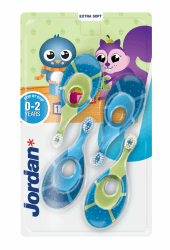 Jordan ® | Step 1 Baby Zahnbürste | Baby Zahnbürste 0-2 Jahre | Die Original Kleinkindzahnbürste mit extra weichen Borsten und weichem Beißring für Babygummis und Easy Grip | 4-pack Grün und Blau 4 stück (1er Pack) Angebot bei HelloDeals
