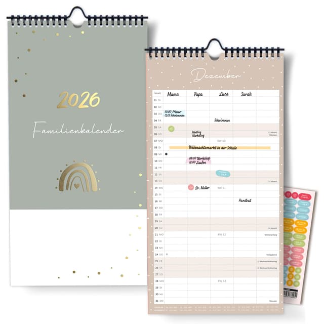 Familienplaner 2026 mit 5 Spalten als Wandkalender in Grau [Blattgold] I OKT 25 - DEZ 26 I 22 x 43 cm I Familienkalender Wand I Monatskalender, mit Ferien- und Feiertagen, Stundenplänen uvm... 2026 Grün