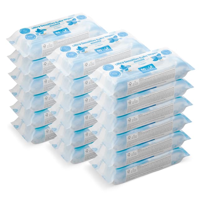 by Amazon Ultraweiche Baby-Feuchttücher, Hergestellt aus 100 % pflanzlichen Fasern, 1080 Tücher, geruchsneutral, 18 Pack à 60 Stück, (früher eine Marke von Mama Bear, gleiches Produkt)