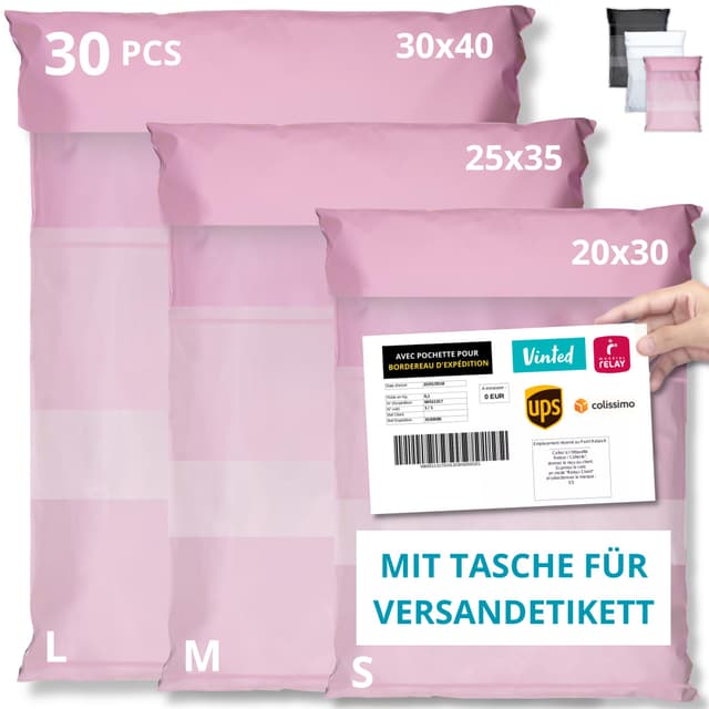 EMBALLAX - 30 Versandtaschen MIT TASCHE FÜR VERSANDETIKETT - 3 Größen S/M/L - WIDERSTANDSFÄHIG/WASSERDICHT - Versandtüten für Kleidung - Warensendung Umschlag für Kartons - Versandbeutel - Danke Rosa Größe S/M/L