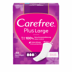 Carefree Slipeinlage Plus Large ohne Duft 48 Stk. super saugstarke Slipeinlagen um Flüssigkeiten sofort einzuschließen, bis zu 100Prozent Geruchsneutralisierung Slippeinlagen