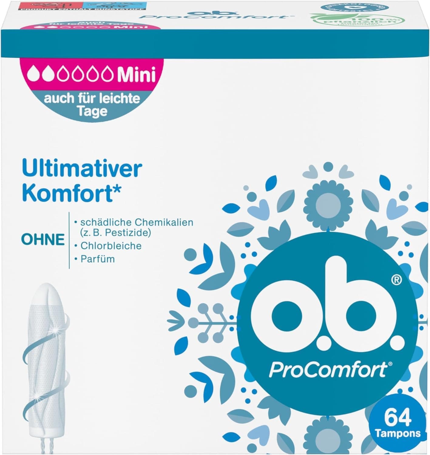o.b. Tampons ProComfort Mini 64 Stk., für ultimativen Komfort mit SilkTouch Oberfläche und Dynamic Fit Technologie, 100 Prozent pflanzlich basierter Tamponkern parfümfrei 64 Stück