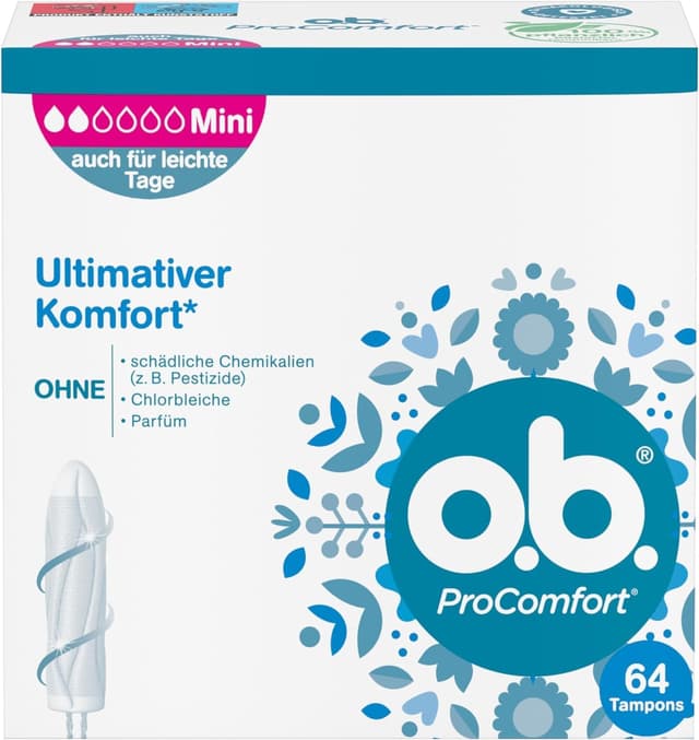 o.b. Tampons ProComfort Mini 64 Stk., für ultimativen Komfort mit SilkTouch Oberfläche und Dynamic Fit Technologie, 100 Prozent pflanzlich basierter Tamponkern parfümfrei 64 Stück