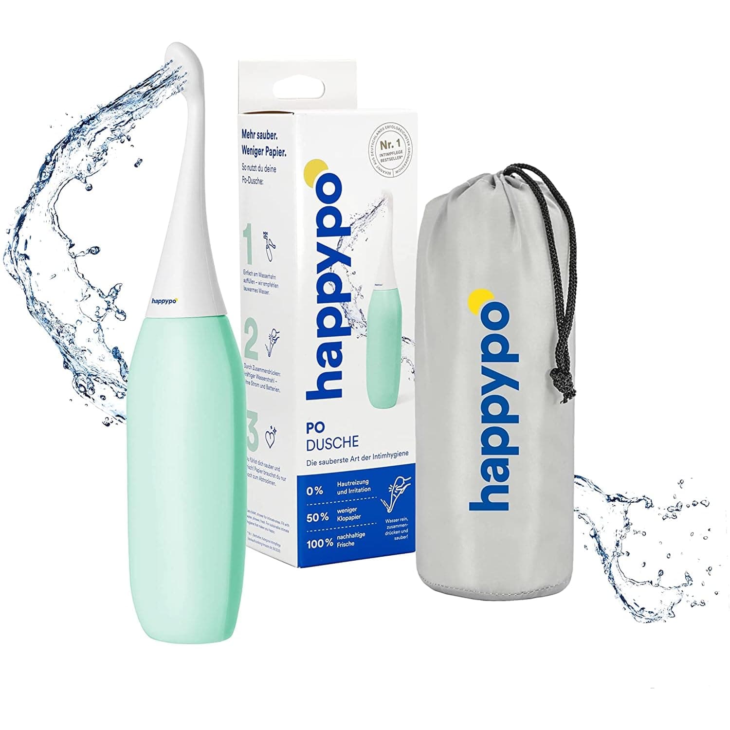 HappyPo Tragbar Po Dusche 300 ml - Tragbares Bidet für Männer und Frauen - Toilette Popodusche Ersetzt Feuchtes Toilettenpapier - Intimdusche für Schwangerschaft, Wochenbett und Reisen - Minze 300 ml (1er Pack) Minze