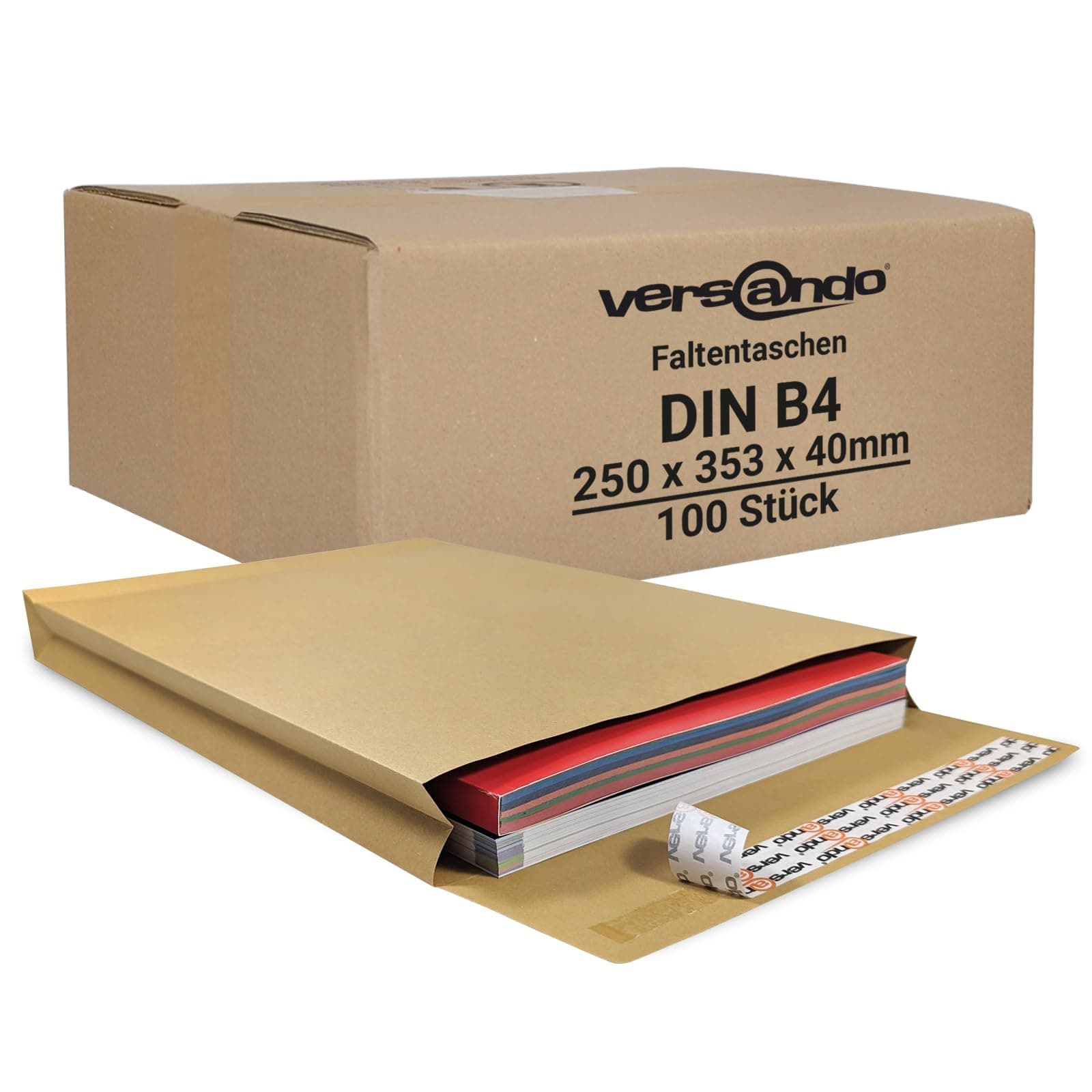 versando 100x B4 Faltentaschen 4cm Falte ohne Fenster (250x353x40 mm) Versandtaschen Bodenfalte haftklebend braun Braun 100 Stück