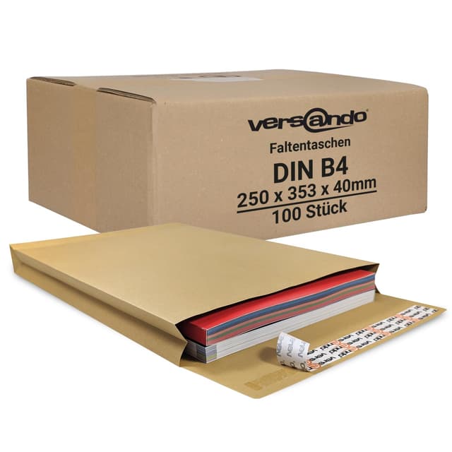 versando 100x B4 Faltentaschen 4cm Falte ohne Fenster (250x353x40 mm) Versandtaschen Bodenfalte haftklebend braun Braun 100 Stück