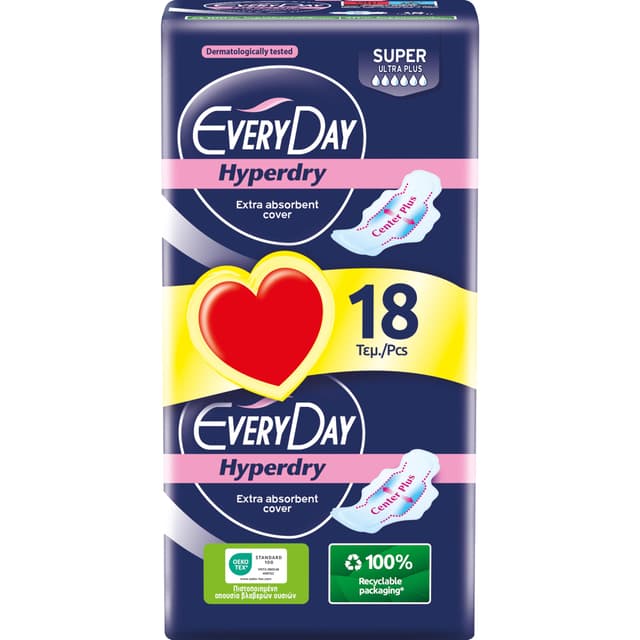 EveryDay Hyperdry Super, Saugfähige Damenbinden mit Flügeln, Hyper Trocken und Ultra Saugfähig, 18 Stück Super (18 Stück)