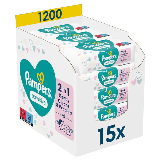 Pampers Sensitive Feuchttücher 15 Packungen mit 80 Stück, 1200 Feuchttücher, ohne Duft, für eine sanfte und weiche Reinigung 1200 stück (1er Pack)