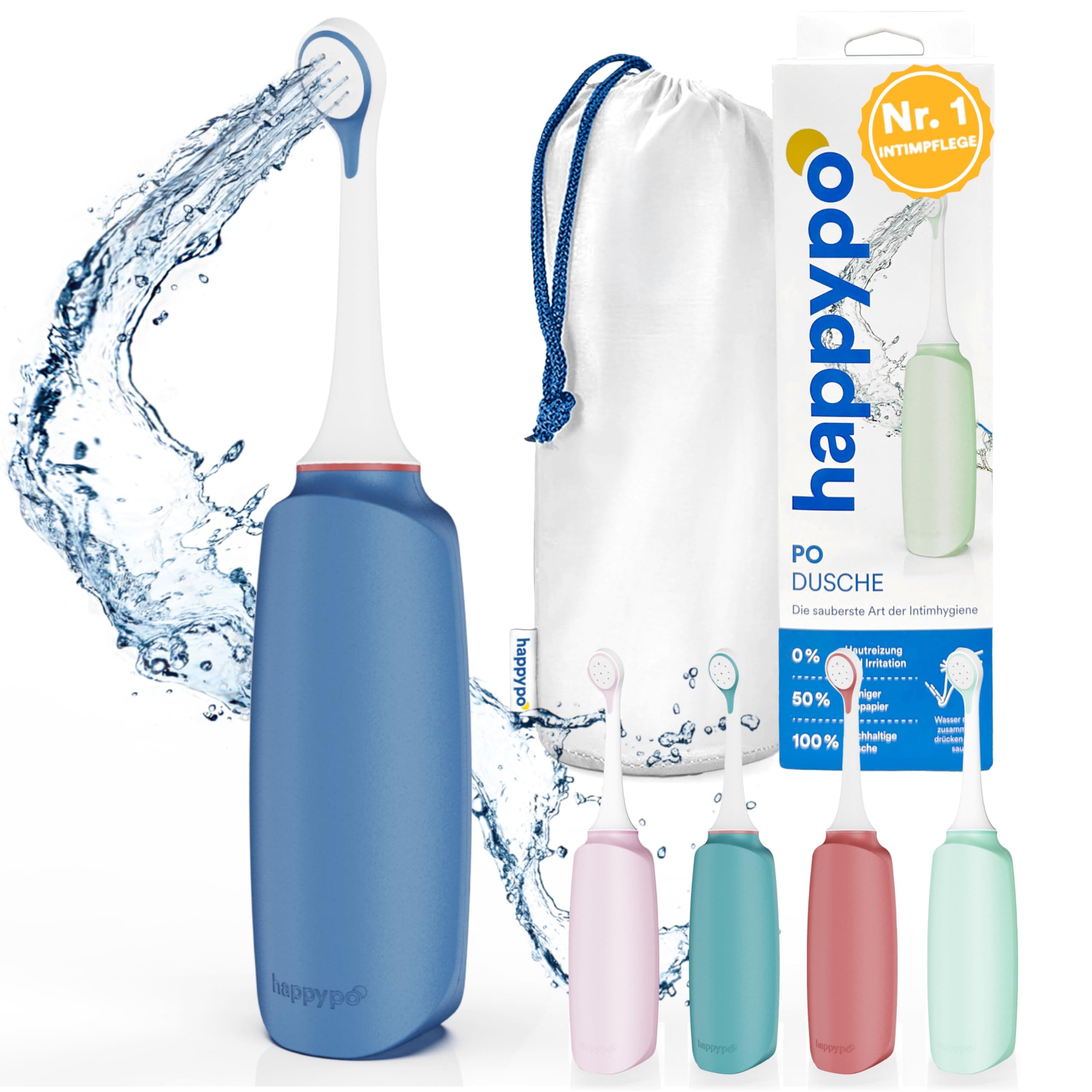 HappyPo Po-Dusche mit Aufbewahrungstasche, optimiertes Design, Schonend bei empfindlicher Haut, für Frauen Männer und Kinder, für Po und Intimbereich, Sanft und Sauber - Plastik - Blau Angebot bei HelloDeals