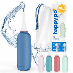 HappyPo Po-Dusche mit Aufbewahrungstasche, optimiertes Design, Schonend bei empfindlicher Haut, für Frauen Männer und Kinder, für Po und Intimbereich, Sanft und Sauber - Plastik - Blau