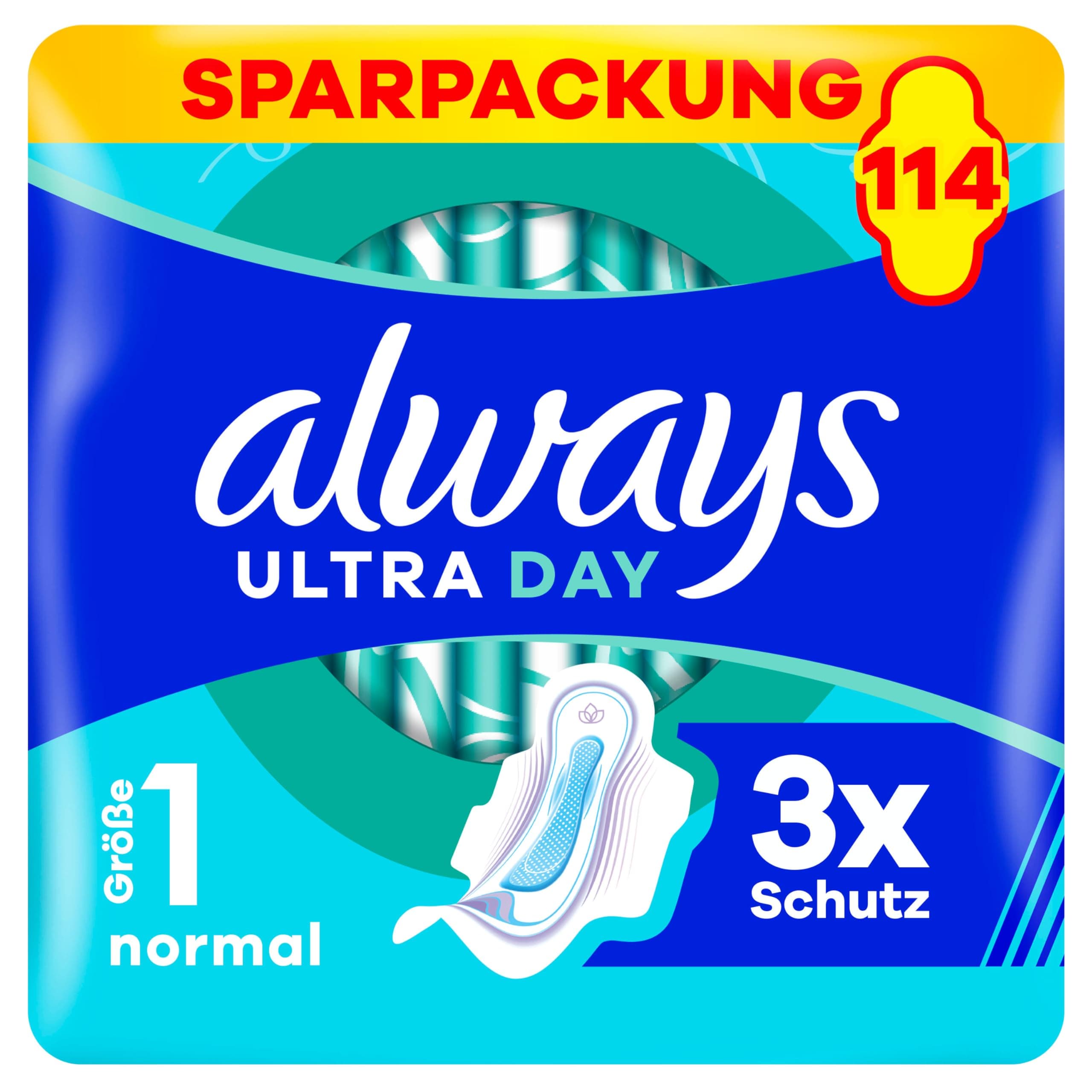Always Ultra Day Damenbinden Normal (Größe 1) mit Flügeln 114 Stück, Super Saugfähig Und Ultra Dünn, für Die Periode Normal 3 x 38 Stück Angebot bei HelloDeals