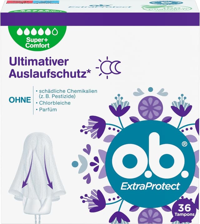 o.b. ExtraProtect Super + Comfort 36 Stück, Tampons für sehr starke Tage, Dynamic Fit Technologie und extra Schutzflügel für bis zu 100 Prozent Auslaufschutz während der Periode