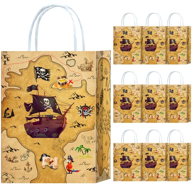 10 Stück Piraten Party Taschen,Piraten Geschenktüten Papiertüten mit Henkel,Piratenschiff Geburtstag Geschenktaschen,Pirate Papier Gastgeschenke Tüten Piratenparty Mitgebseltüten