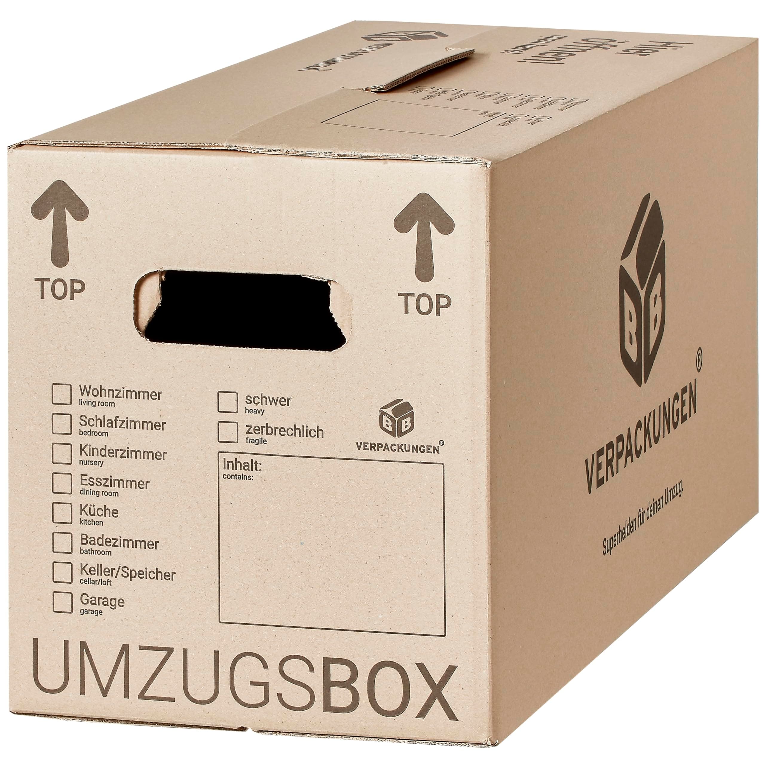 BB-Verpackungen 30x Umzugskartons UMZUGSBOX 632 x 288 x 330 mm 2-wellig (30 Stück) | 100% recycelte Pappe, doppelter Schmetterlingsboden und 3-fache Griffverstärkung Angebot bei HelloDeals