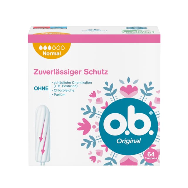 o.b. Original Normal, Tampons für mittlere/stärkere Tage, StayDry Technologie und geschwungene Rillen, zuverlässiger Schutz und sauberes Gefühl 64 ST 64 Stück