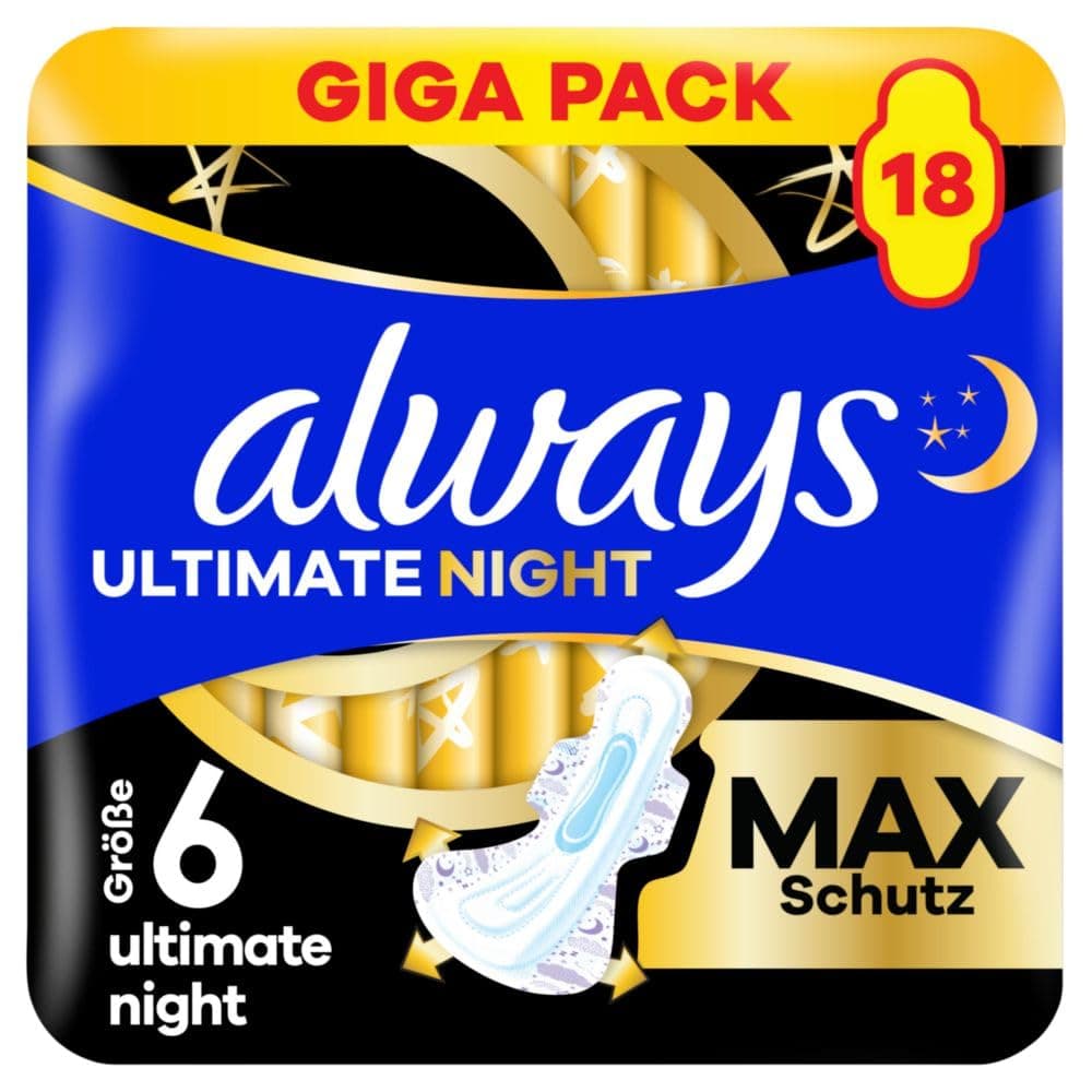 Always Damenbinden Ultimate Night (Größe 6) Mit Flügeln 18 Stück, Super Saugfähig, Für Die Periode ALT