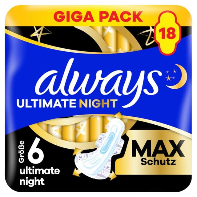 Always Damenbinden Ultimate Night (Größe 6) Mit Flügeln 18 Stück, Super Saugfähig, Für Die Periode ALT