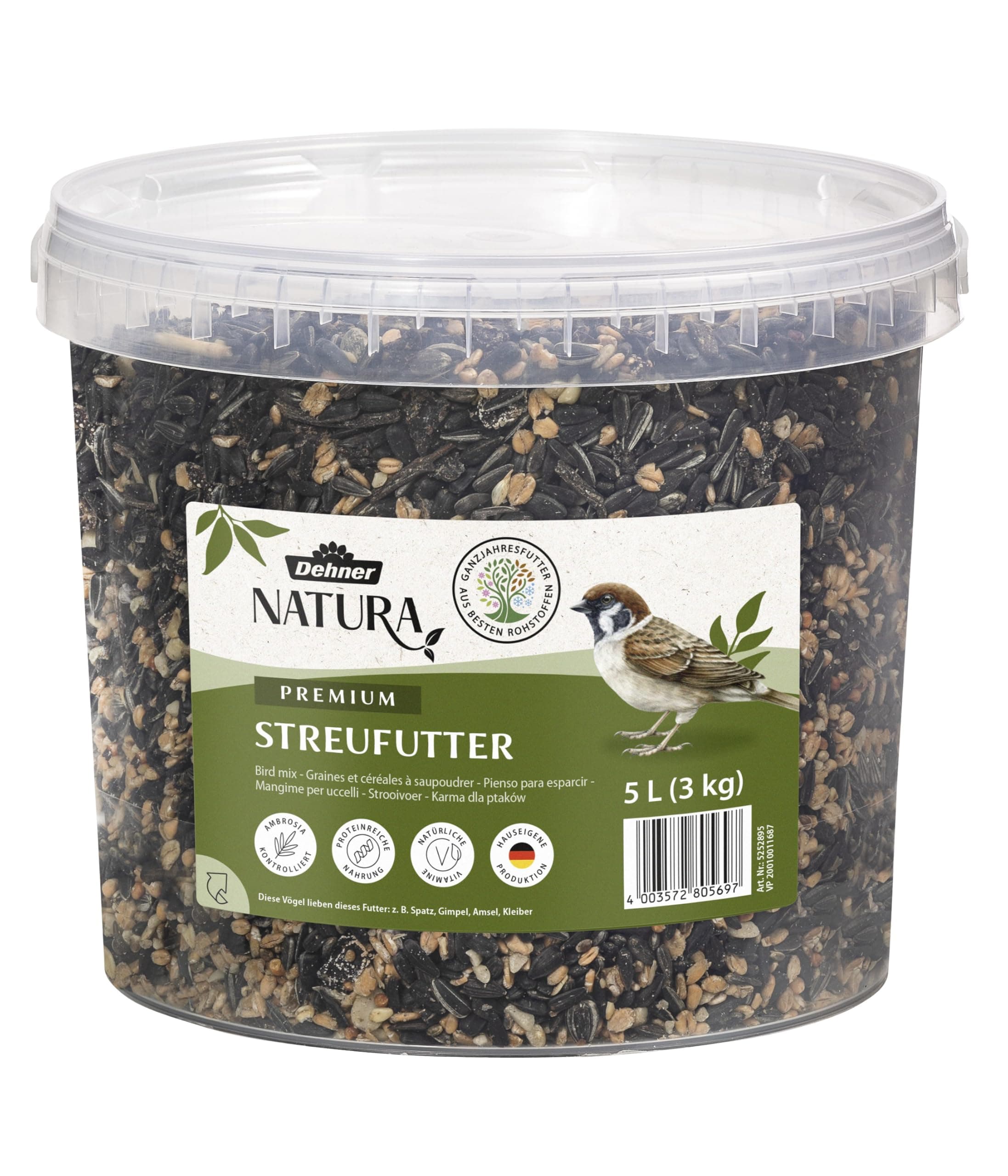 Dehner Natura Premium Wildvogelfutter, Streufutter, Ganzjahresfutter proteinreich / energiereich, hochwertiges Vogelfutter für Wildvögel, 3 kg Saaten 3 kg (1er Pack)