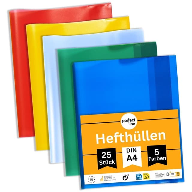 perfect line 25 Hefthüllen DIN-A4, 5 Farben, Heftumschlag transparent genarbt, Heftschoner aus recyclebarem PP, dokumentenecht 1 Set (25 Stk.)