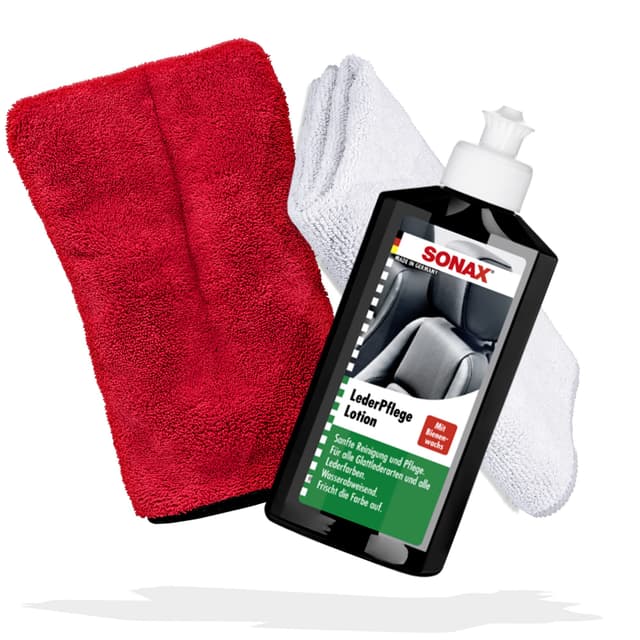 Auto Lederpflege Set | Sonax LederPflegeLotion 250ml + Mikrofasertuch 40x40cm + Detailing Handschuh | Lederreiniger & Leder Pflege Lederpflege Lotion