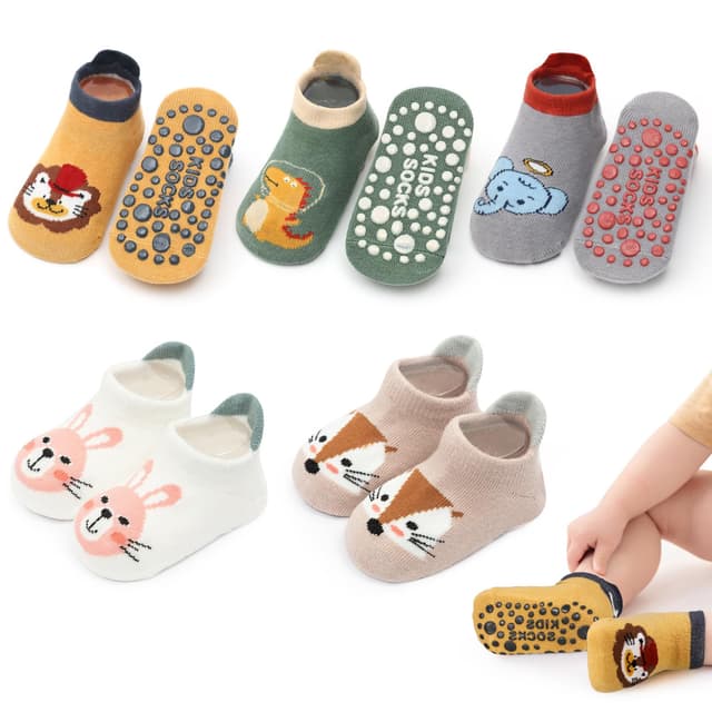 angelikashalala 5 Paar Baby rutschfeste Socken,Anti Rutsch Babysocken with Cartoon Tiermotive für Baby Mädchen Jungen Kinder