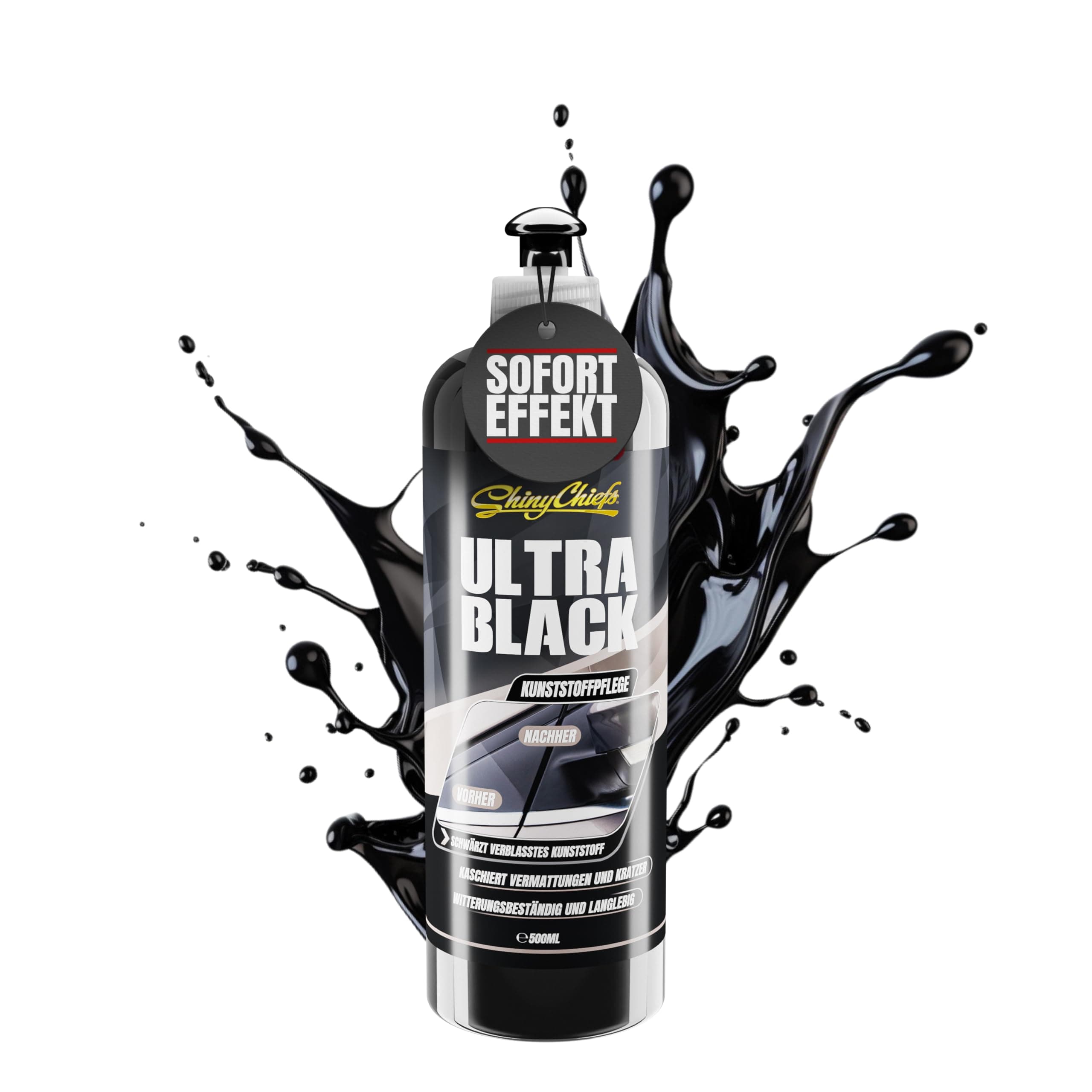 ShinyChiefs ULTRA BLACK Kunststoff Auffrischer 500ml - Auto Kunststoffpflege zur Auffrischung von Kunststoff und Gummiteilen im Außenbereich - Pflegemittel mit UV Schutz, schwarz 500 ml (1er Pack)