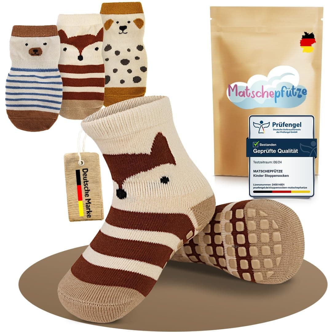 Matschepfuetze Stoppersocken Kinder – Extra Anti-Rusch Funktion für maximalen Halt – Baby Socken für Komfort & Sicherheit – Stoppersocken Baby für Spaß & Abenteuer ohne Rutschgefahr 1-3 Jahre Zoo 3er Set