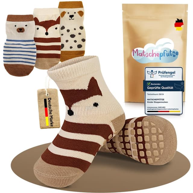 Matschepfuetze Stoppersocken Kinder – Extra Anti-Rusch Funktion für maximalen Halt – Baby Socken für Komfort & Sicherheit – Stoppersocken Baby für Spaß & Abenteuer ohne Rutschgefahr 1-3 Jahre Zoo 3er Set