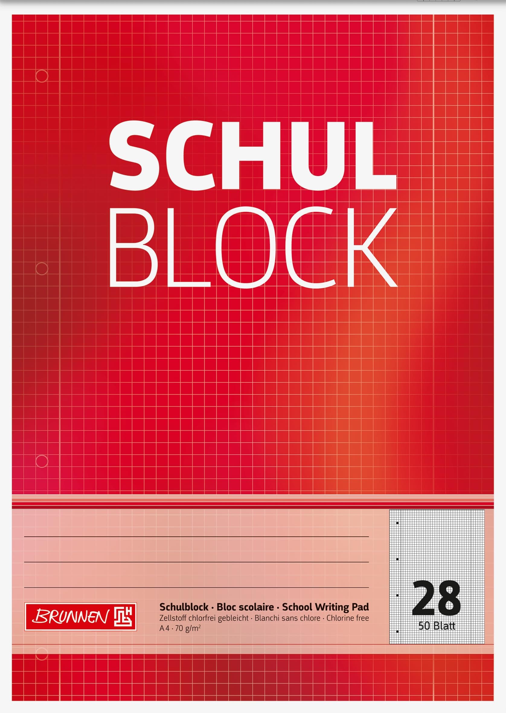 Brunnen 1052528 Schulblock / Notizblock (A4, 50 Blatt, kariert, mit Randlinien, Lineatur 28, gelocht, kopfverleimt, 70 g/m²) Single