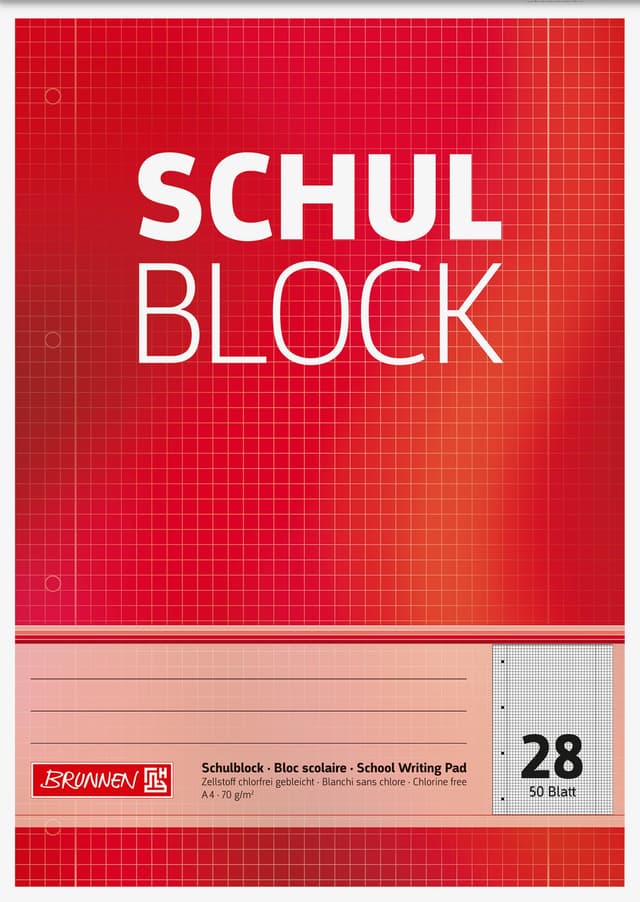 Brunnen 1052528 Schulblock / Notizblock (A4, 50 Blatt, kariert, mit Randlinien, Lineatur 28, gelocht, kopfverleimt, 70 g/m²) Single