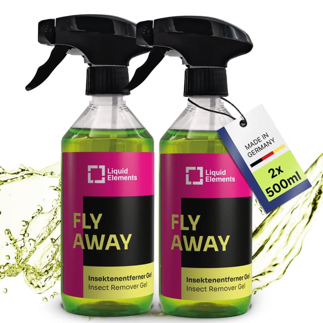 Liquid Elements – Insektenentferner Auto "Fly Away" 2x500ml Gel Sprayflasche – Insektenreiniger hochwirksame, leicht basisch Formel – Löst hartnäckige Insektenverschmutzungen von Lack & Autoscheibe 2x 500ml Spray