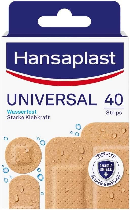 Hansaplast Universal Pflaster (40 Strips), schmutz- und wasserabweisende Wundpflaster, Pflaster Set mit starker Klebkraft & Bacteria Shield 40 Strips - mit Bacteria Shield