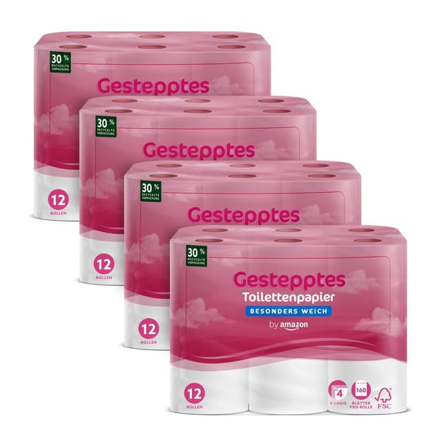 by Amazon Toilettenpapier, 4-lagig Gestepptes, Besonders Weich, 48 Rollen (12 Rollen, 4-er Pack), 160 Blätter pro Rolle, FSC-Zertifiziert 1920 stück (4er Pack)