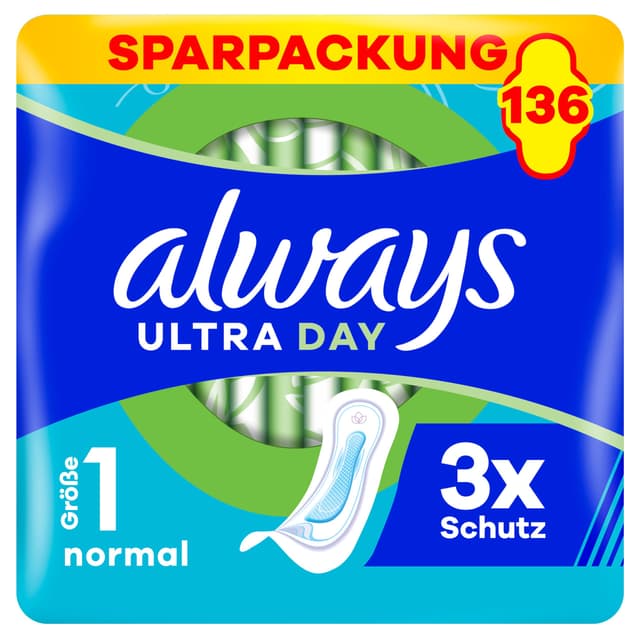 Always Ultra Binden Damen Gr. 1, Normal, 136 Damenbinden ohne Flügel (4 x 34 Stück) Multipack, ultradünn und super absorbierend Größe 1 (136 Stück) Gr. 1