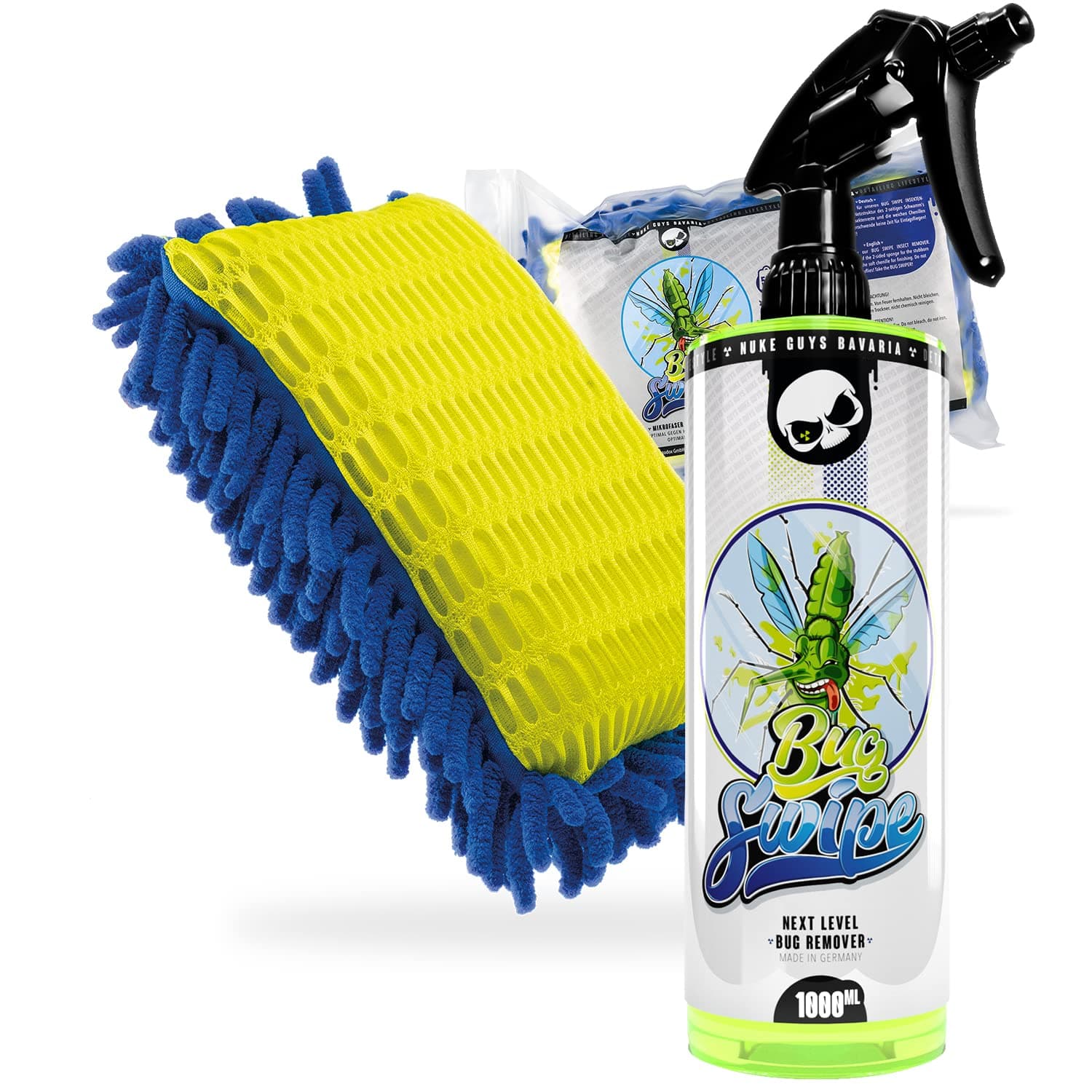 Nuke Guys Bug Swipe Insektenentferner Set Auto/Motorrad 1L + Bug Swiper 2in1 Insektenschwamm - Ideal für die Reinigung des Motorrads, hartnäckigen Schmutz, Vogelkot usw.