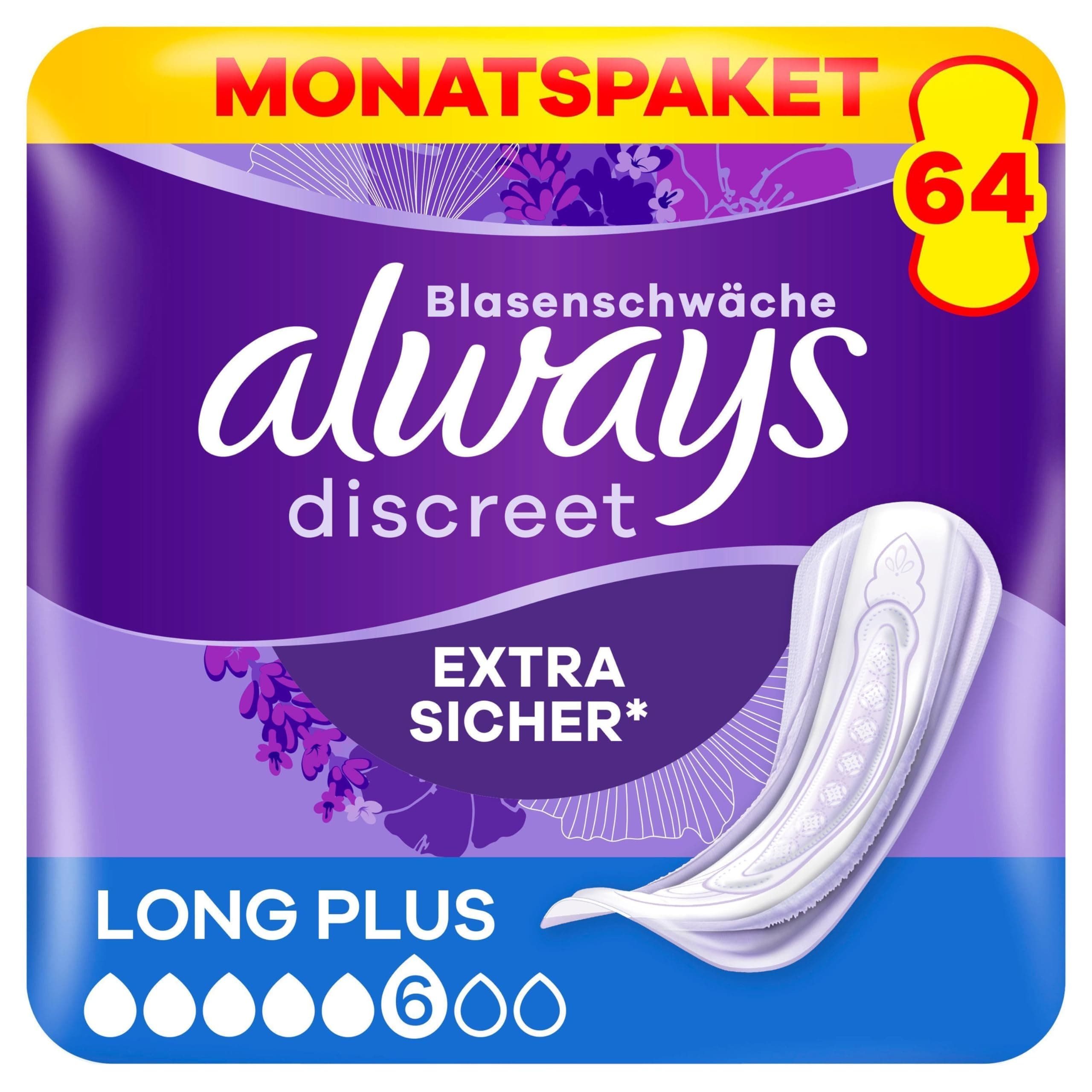 Always Discreet Inkontinenzeinlagen für Frauen Long Plus 64 Stück Extra Sicher und Diskret