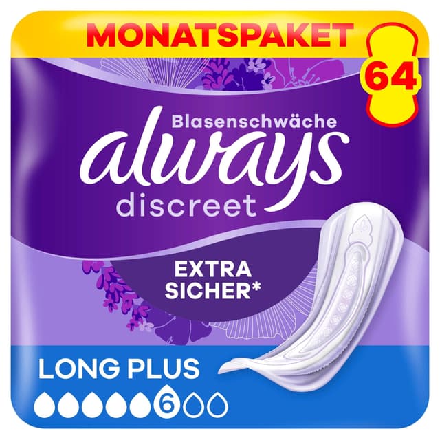 Always Discreet Inkontinenzeinlagen für Frauen Long Plus 64 Stück Extra Sicher und Diskret