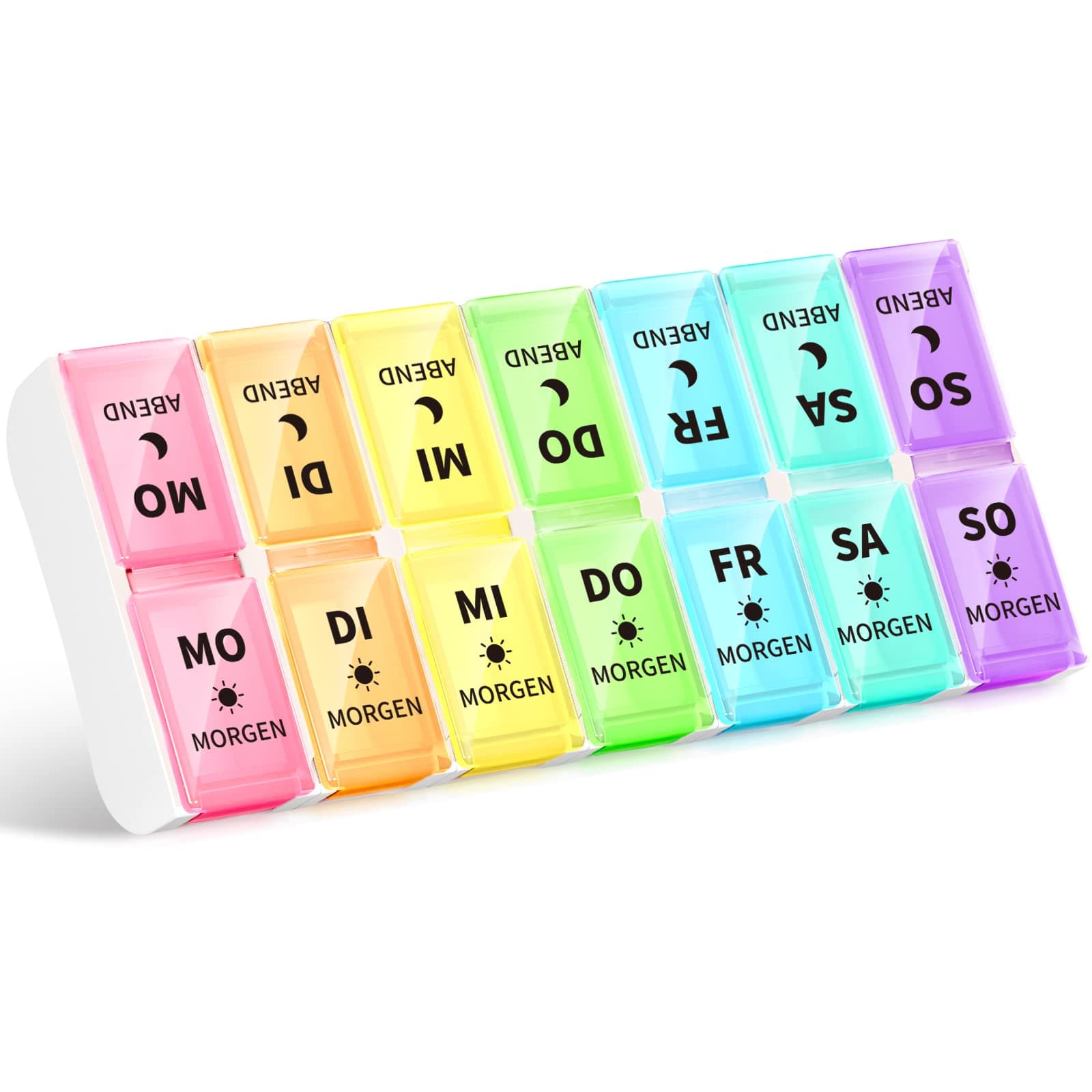 Opret Deutsche Tablettenbox 7 Tage 2 Fächer Morgens Abends, Abnehmbar Pillendose, Pillenbox Medikamentenbox 7 Tage Tabletten Wochenbox Tablettendose Tablettenbox 14 Fächer Angebot bei HelloDeals